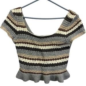 Promesa Crochet Cropped‎ Knit Sweater T Sm Multi Color Earth Tones Wide Neck